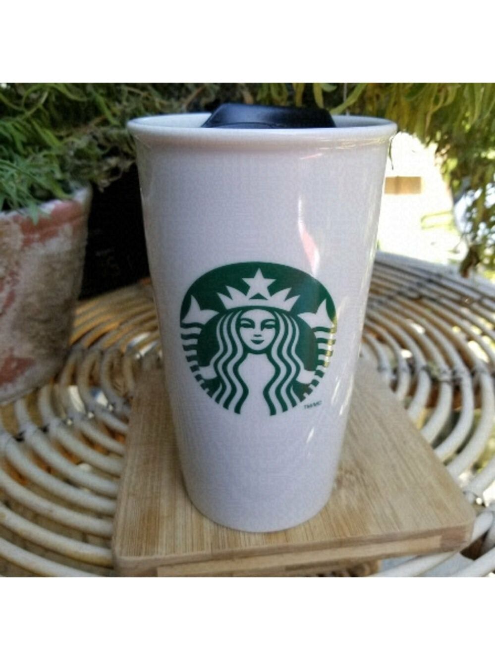 Starbucks Ceramic Travel Mug 12oz White Siren Logo 2014 with Lid
